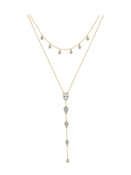 14K gold, weighing  4.83g 925 Sterling Silver Cubic Zirconia Double Layer Chain Tassel Lariat Necklace