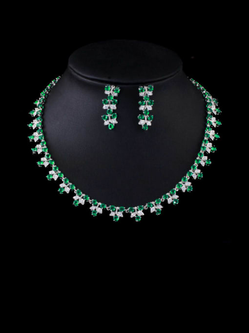 green Brass Cubic Zirconia Luxury Flower Earring and Necklace Set