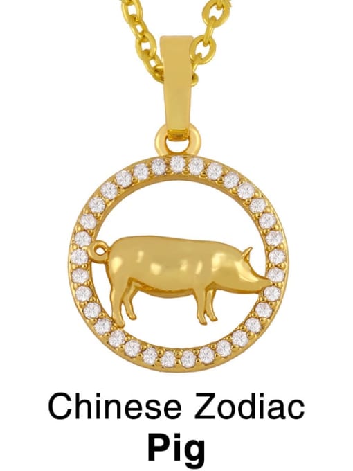 Pig Brass Cubic Zirconia Ethnic 12 Zodiac Pendant  Necklace