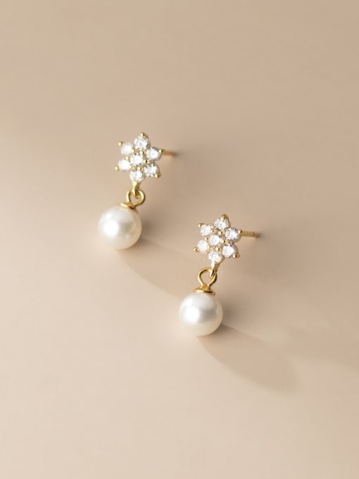 gold 925 Sterling Silver Imitation Pearl Flower Minimalist Drop Earring