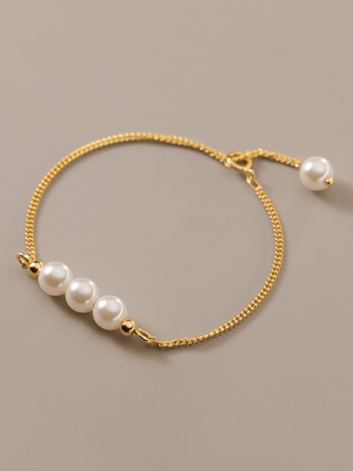 Rosh 925 Sterling Silver Imitation Pearl Geometric Minimalist Link Bracelet