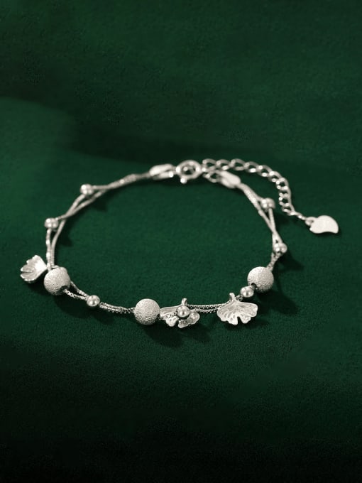 BRS363 【 Platinum 】 925 Sterling Silver Bead Leaf Minimalist Strand Bracelet