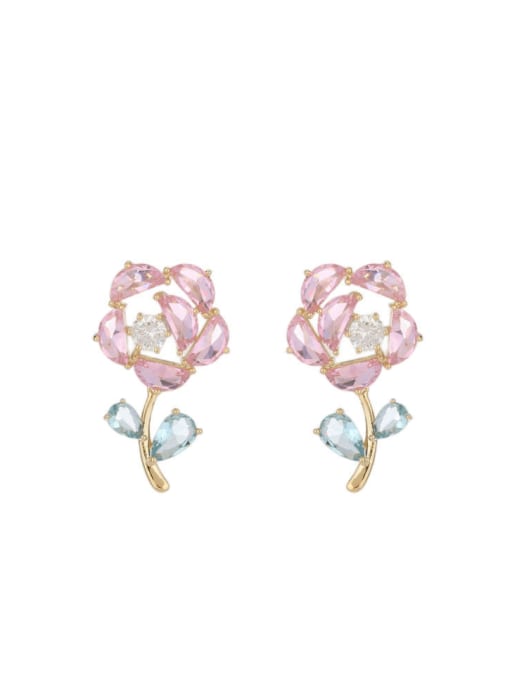 Pink Brass Cubic Zirconia Flower Luxury Earring