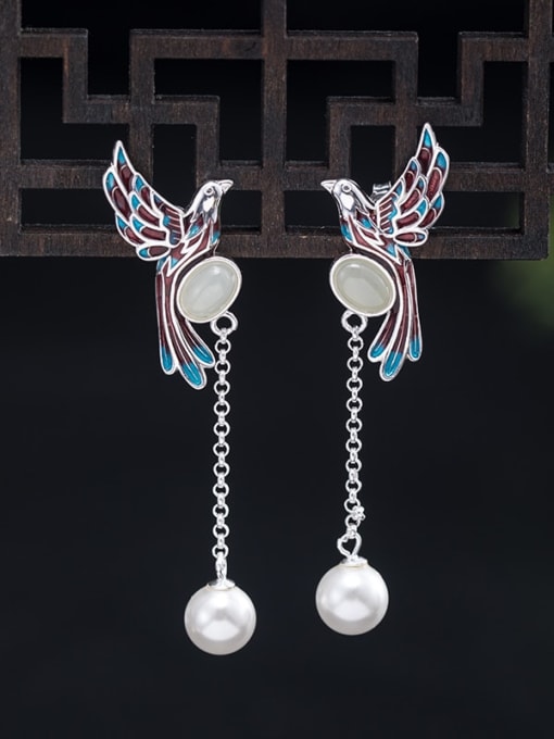 SILVER MI 925 Sterling Silver Imitation Pearl Bird Vintage Threader Earring 1