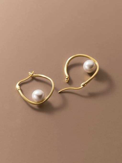 gold 925 Sterling Silver Imitation Pearl Geometric Minimalist Huggie Earring