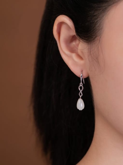 DEER 925 Sterling Silver Jade Flower Cute Hook Earring 1