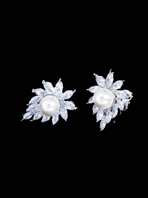 L.WIN Brass Cubic Zirconia Flower Luxury Clip Earring 3