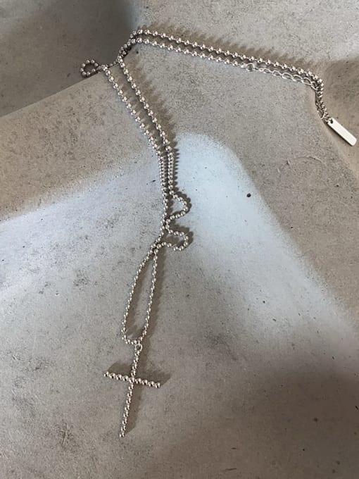 Boomer Cat 925 Sterling Silver Bead Chain Cross Vintage Long Strand Necklace 2