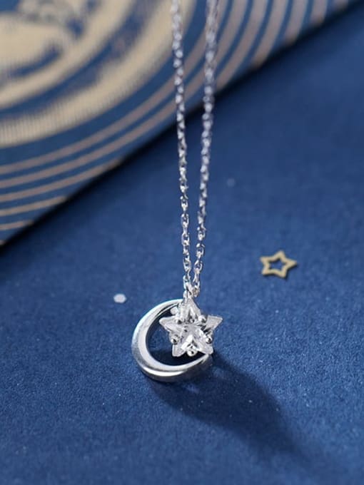 Rosh 925 Sterling Silver Single Diamond Star Moon Pendant   Necklace 0