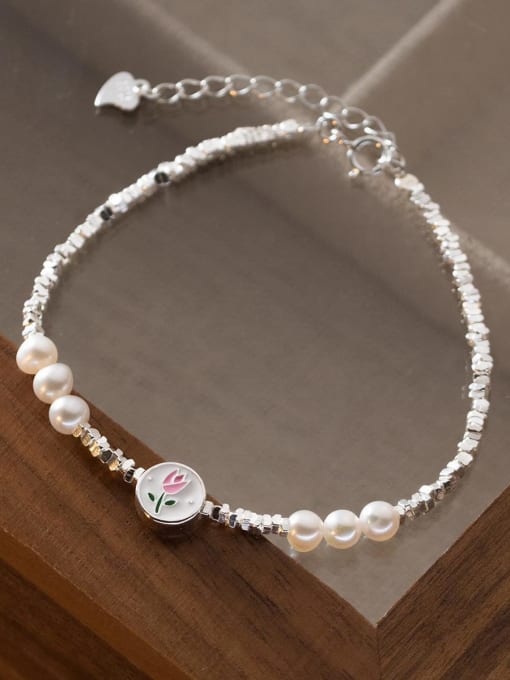Rosh 925 Sterling Silver Imitation Pearl Flower Minimalist Bracelet