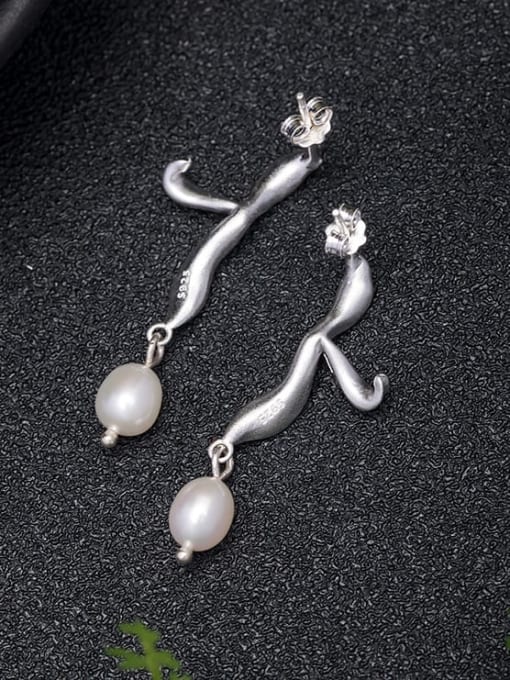 SILVER MI 925 Sterling Silver Freshwater Pearl Flower Vintage Drop Earring 3