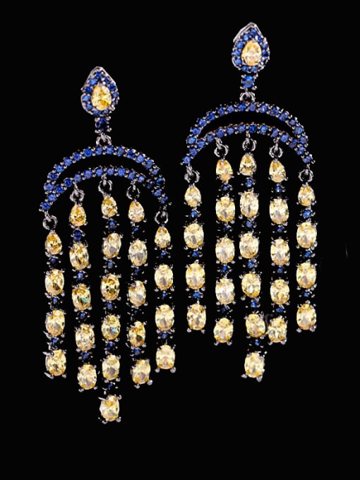 yellow Brass Cubic Zirconia Tassel Luxury Cluster Earring