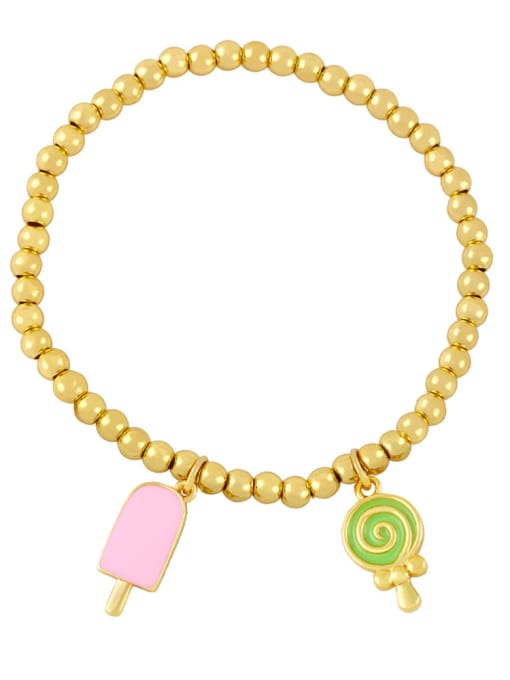 Pink Green Brass Enamel Heart Vintage Beaded Bracelet