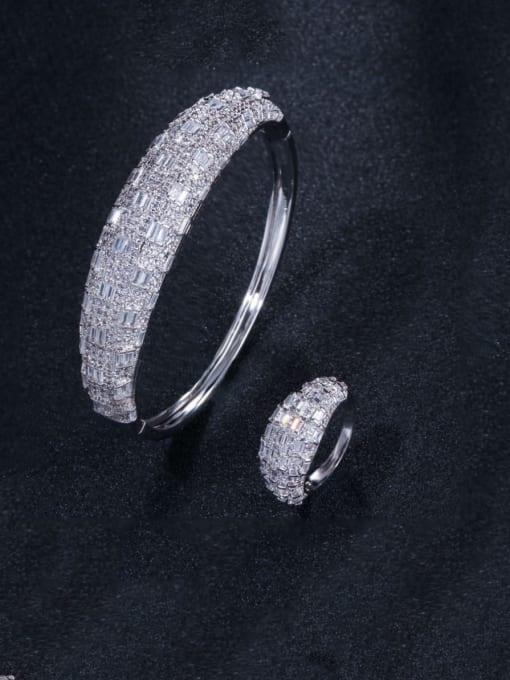 Platinum  US 9 Brass Cubic Zirconia Luxury Geometric  Ring and Bangle Set