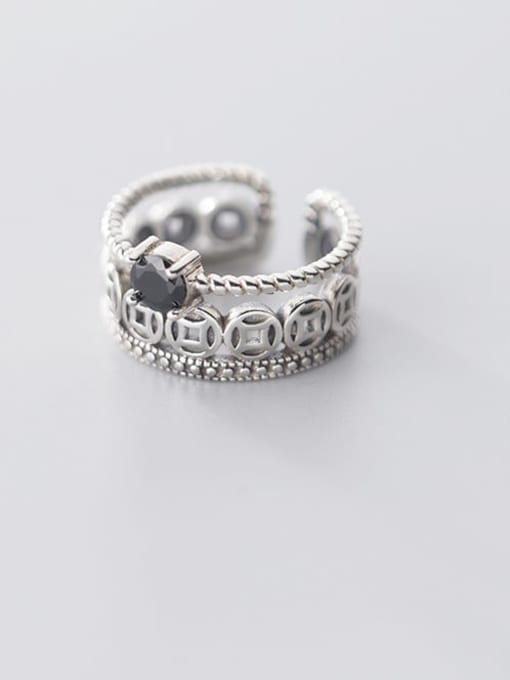 Rosh 925 sterling silver cubic zirconia black irregular vintage free size ring 0