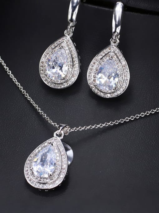 White Ring US  8 Brass Cubic Zirconia Luxury Water Drop  Earring and Necklace Set