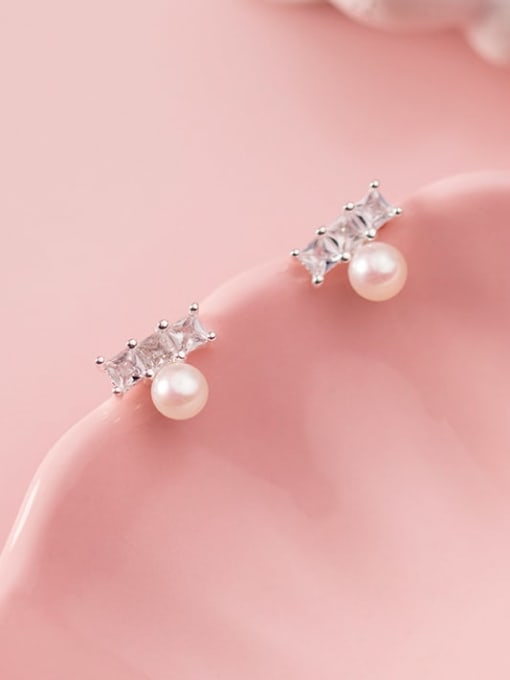 Rosh 925 Sterling Silver Imitation Pearl White Bowknot Minimalist Stud Earring 2