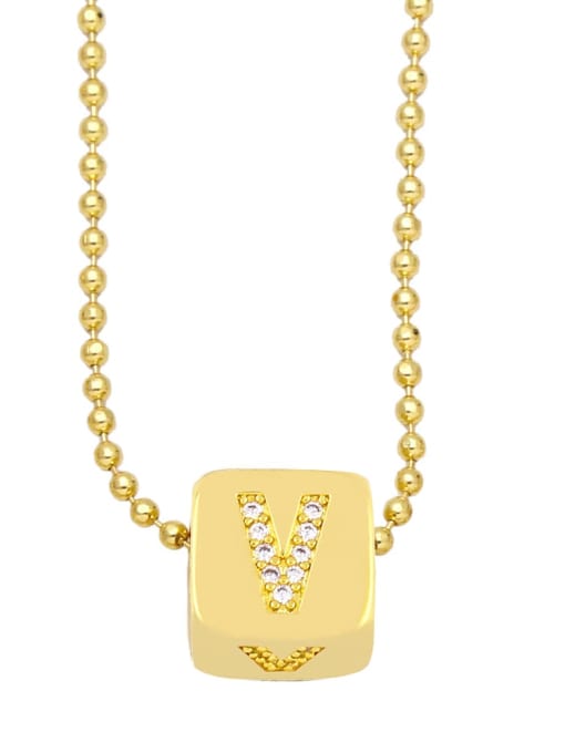 V Brass Cubic Zirconia Letter Vintage square Pendant Necklace