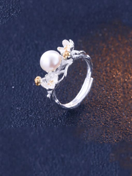 Dan 925 Sterling Silver Imitation Pearl Flower Minimalist Band Ring