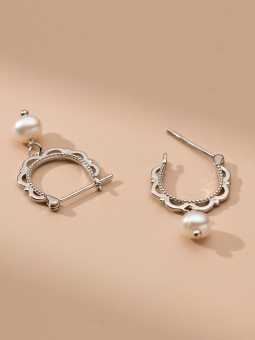 Rosh 925 Sterling Silver Imitation Pearl Geometric Minimalist Huggie Earring 2