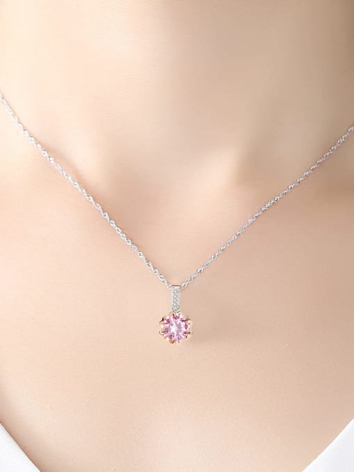CCUI 925 sterling silver simple Pink Cubic Zirconia Flower Pendant Necklace 1