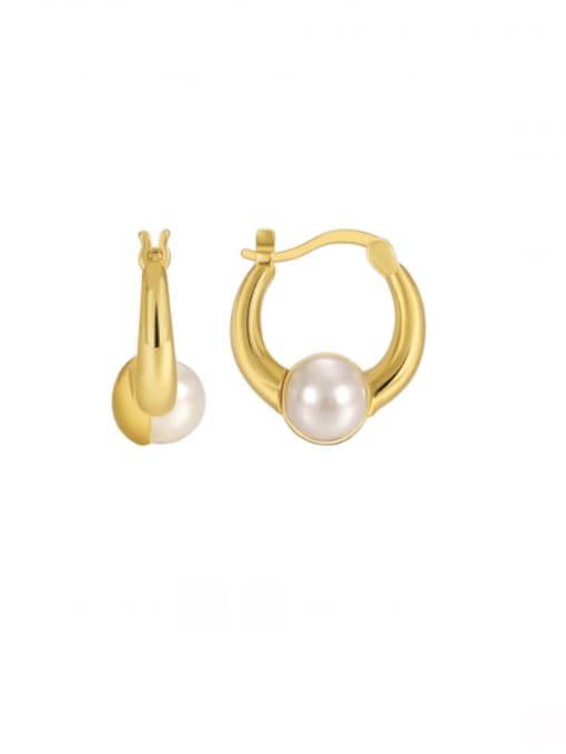 Gold shell bead earrings Brass Imitation Pearl Geometric Minimalist Huggie Earring