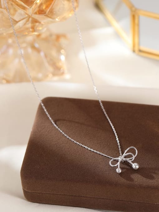 NS1095 row  Platinum 925 Sterling Silver Bowknot Minimalist Necklace