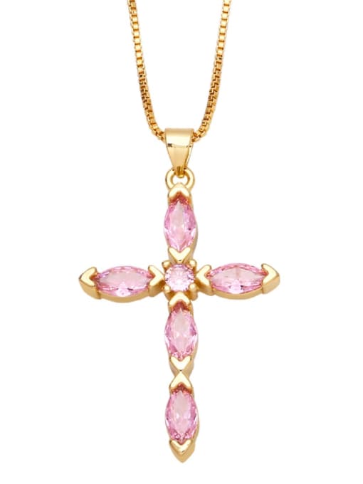 Pink Brass Cubic Zirconia Cross Vintage Regligious Necklace
