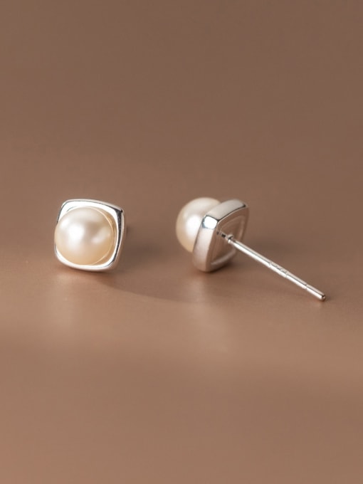 Plain silver 925 Sterling Silver Imitation Pearl Square Minimalist Stud Earring