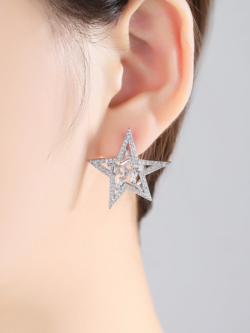 BLING SU Copper Cubic Zirconia Asymmetric stars moon  Luxury Stud Earring 3