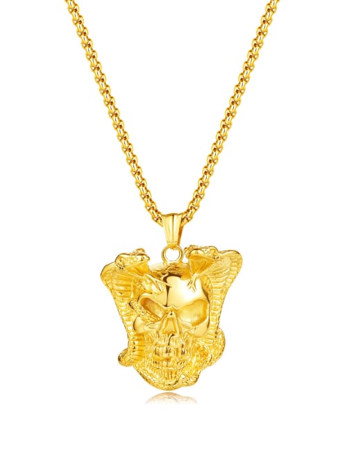 2234 gold pendant + pearl chain 4*70cm Titanium Steel Skull Hip Hop Necklace