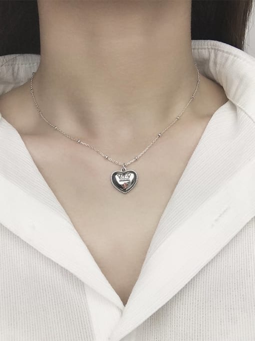 SHUI Vintage Sterling Silver With Antique Silver Plated Simplistic Heart Locket Necklace 1
