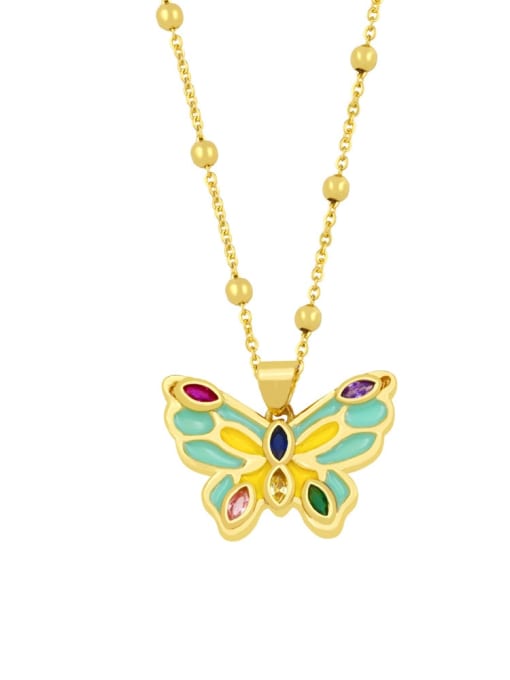 A green yellow Brass Enamel Butterfly Vintage Necklace