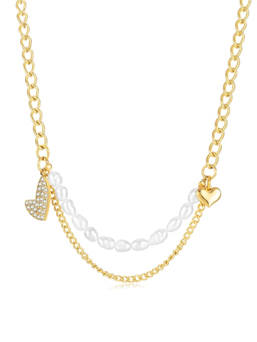 2121 gold Titanium Steel Freshwater Pearl Heart Minimalist Multi Strand Necklace