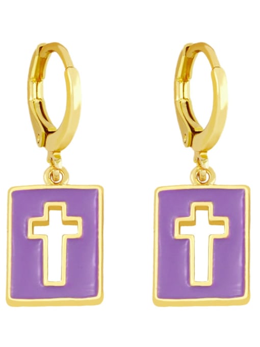 purple Brass Enamel Cross Minimalist Huggie Earring
