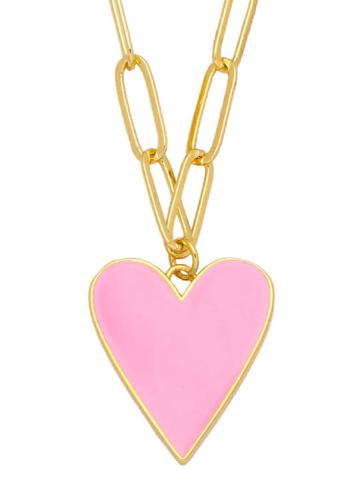 Pink Brass Enamel  Vintage Heart Pendant Necklace