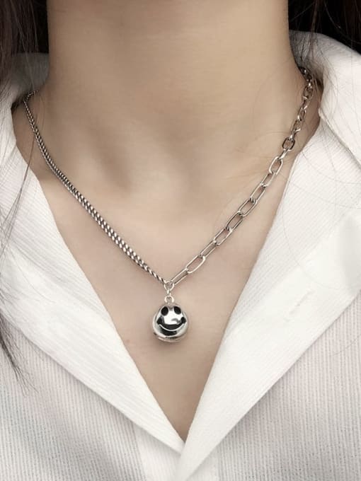 SHUI Vintage Sterling Silver With Platinum Plated Fashion Round  Smiley Pendant Necklaces 1