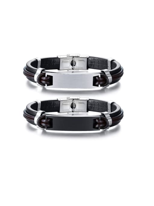 CONG Stainless Steel With Simple Square Men's Leather Bracelet