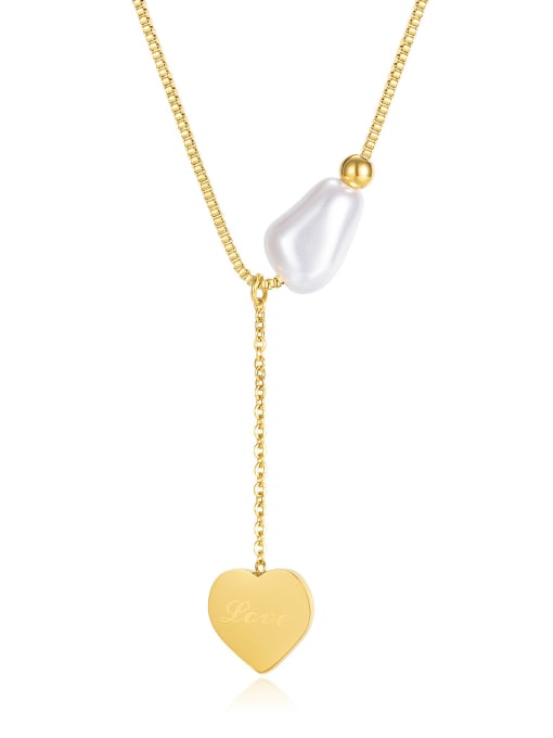 2104 gold Titanium Steel Freshwater Pearl Heart Minimalist Tassel Necklace