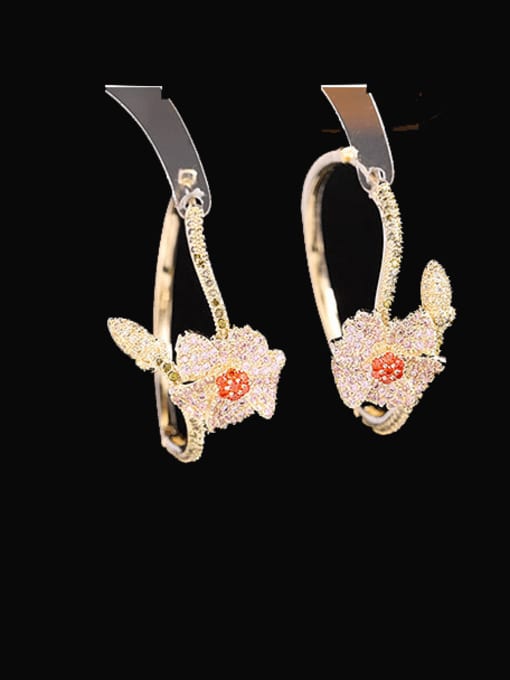 Orange pink flowers Brass Cubic Zirconia Flower Luxury Cluster Earring