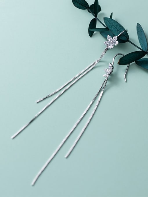 Rosh 925 Sterling Silver Flowers Tassel Minimalist Threader Earring 0
