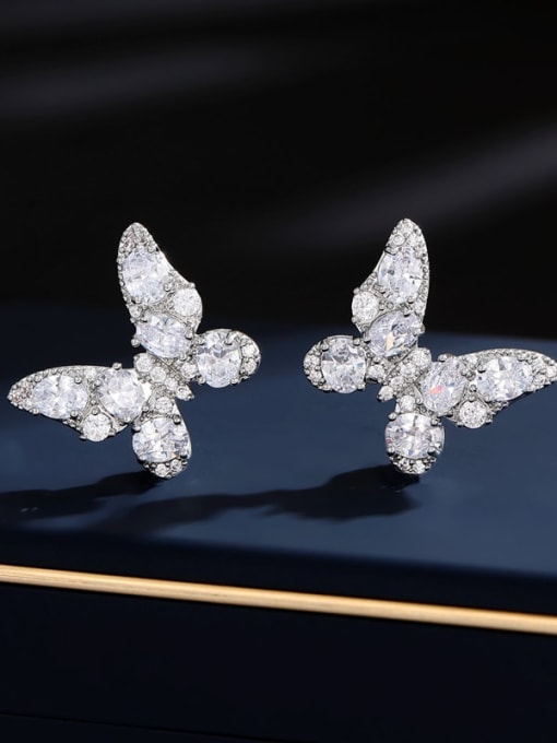 Small platinum white Brass Cubic Zirconia Butterfly Luxury Cluster Earring