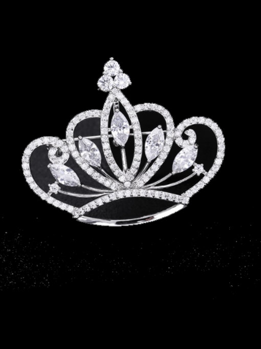 Platinum +white Brass Cubic Zirconia Crown Statement Brooch