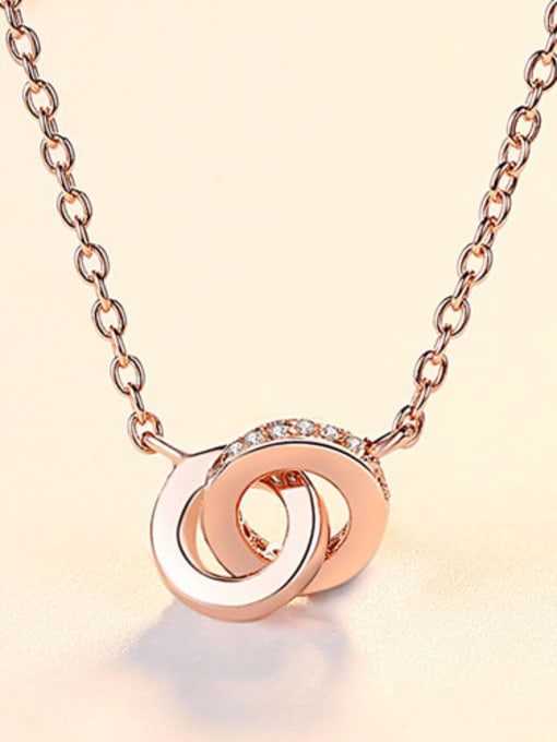 Rose gold 15e04 925 Sterling Silver Cubic Zirconia  Simple double ring pendant Necklace
