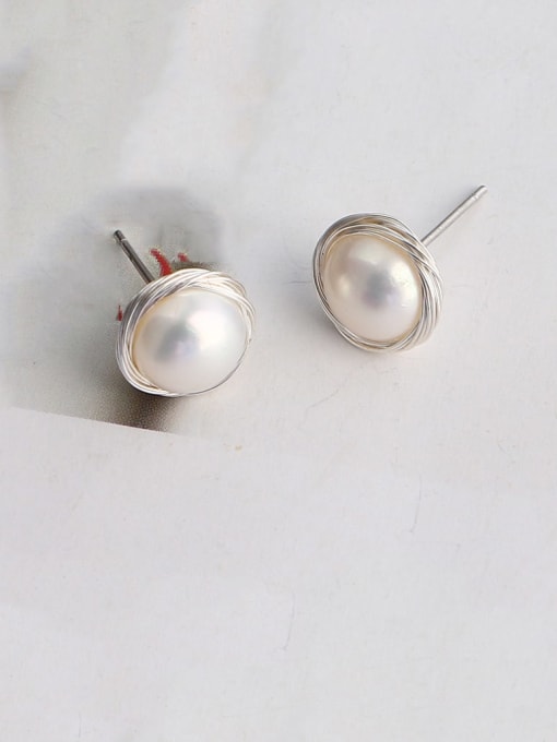3A platinum 8.9mm Brass Imitation Pearl Geometric Minimalist Stud Earring