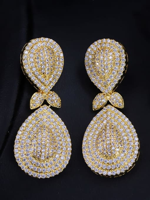 gold Brass Cubic Zirconia Water Drop Luxury Cluster Earring