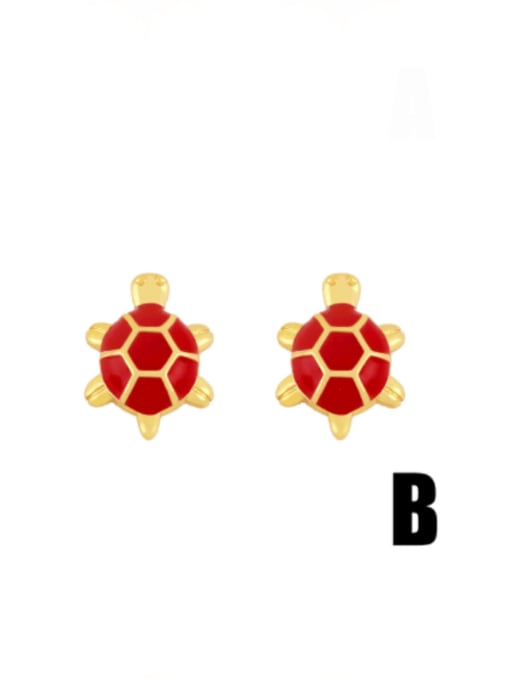 B (red) Brass Enamel Turtle Vintage Huggie Earring