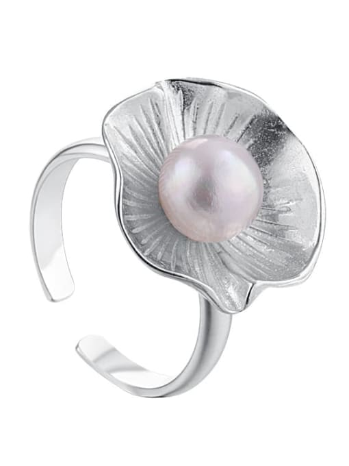 Dan 925 Sterling Silver Imitation Pearl Flower Minimalist Band Ring 3