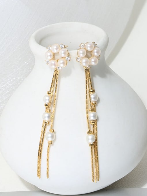 RAIN Brass lmitation Pearl Tassel Vintage Threader Earring 2