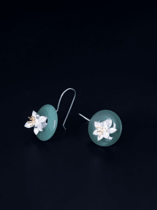 SILVER MI 925 Sterling Silver Jade Flower Ethnic Hook Earring 0